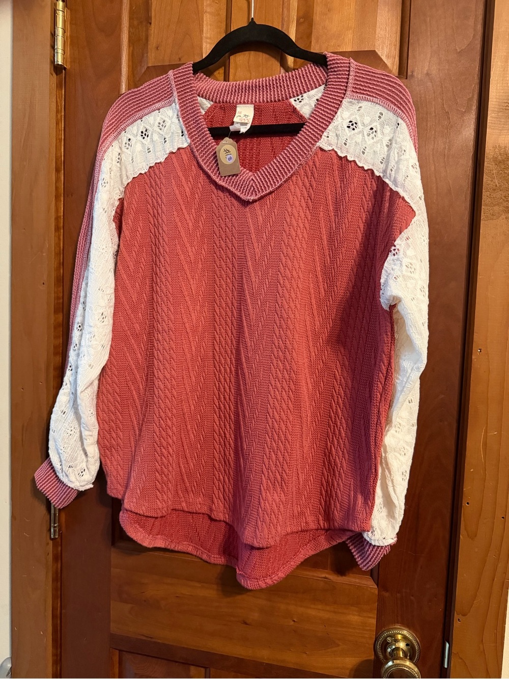7th Ray Women's Dusty Rose Knit V-Neck Sweater with White Lace Sleeves